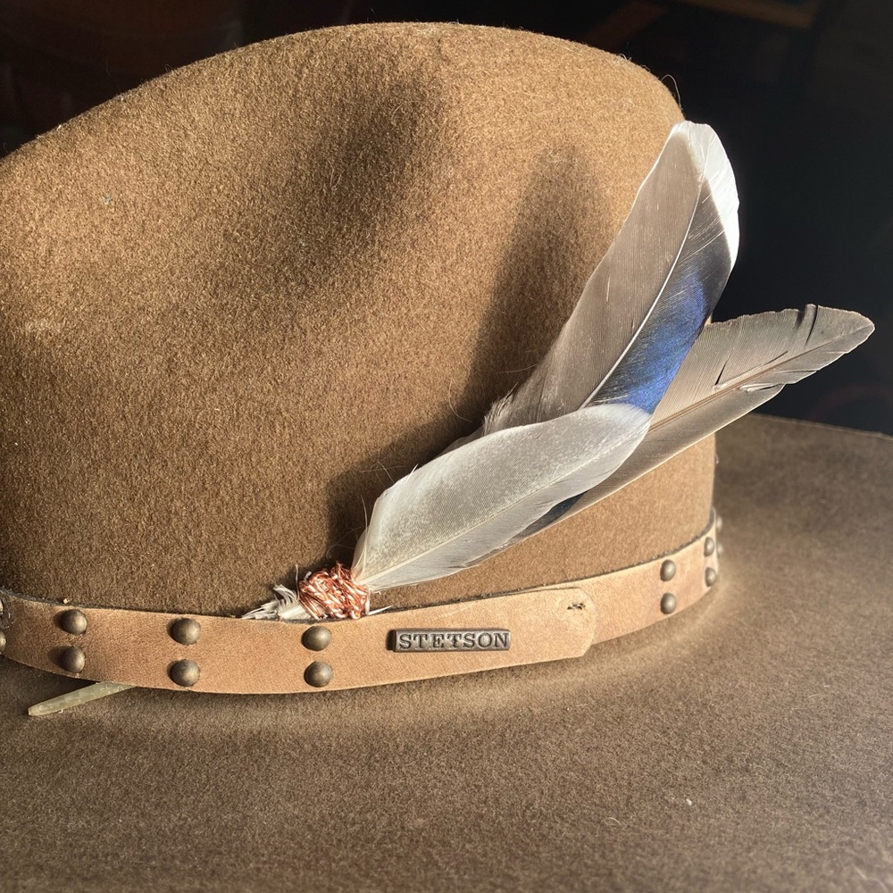 Handmade Blue and Gray Feather Cowboy Hat Pin